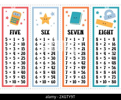 Jeu de vecteurs de tables Times. Table de multiplication imprimable de cinq, six, sept et huit. Modèle d'impression mathématique pour les élèves du primaire Illustration de Vecteur