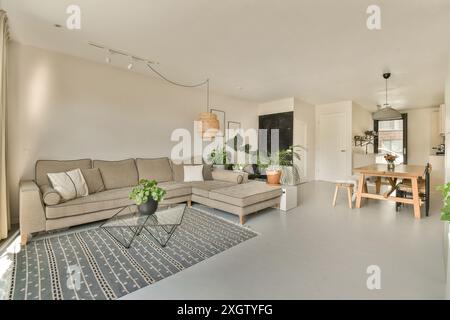 Un salon élégant avec un canapé d'angle beige, des lampes design, une table basse géométrique, un tapis à motifs et des accents de plantes vertes rafraîchissantes, Banque D'Images