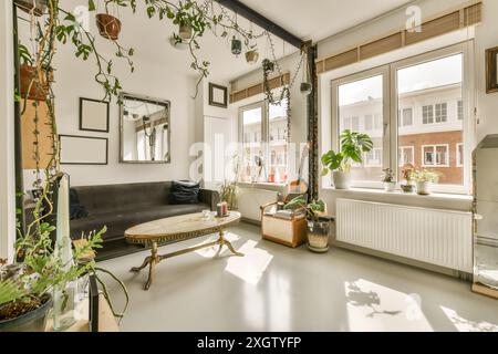 Un salon lumineux et aéré au décor bohème, avec des plantes suspendues, un mobilier éclectique et un coin salon confortable baigné de sunli naturel Banque D'Images
