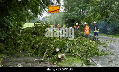 Eine breite Unwetterfront sorgt seit den Nachmittagsstunden für Chaos in Oberbayern. Besonders schlimm traf es Holzkirchen und Umgebung. Orkanböen und heftiger Starkregen sorgten hier für viele Schäden. Umgestürzte Bäume blockierten viele Straßen. Autofahrer halfen sich teilweise selbst, da die Rettungskräfte zu viele Einsatzstelle abarbeiten mussten. Der Starkregen und gesättigte Boden verursachte zudem Sturzfluten und Murenabgänge. Diese blockierten ebenfalls Straßen. In Holzkirchen kamen Feuerwehren aus anderen Gemeinden zum Einsatz. Nahezu an jeder Straßenecke liegen umgekippte Bäume. Ein Banque D'Images