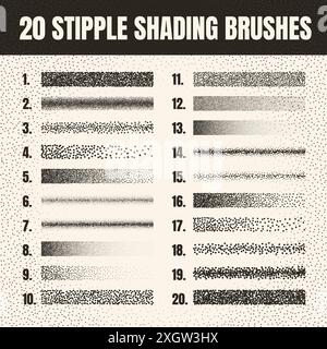 Pinceau dispersé à stipple, dessin à l'encre et texturation. Dégradé de fondu. Pointillés, dessin dotwork, ombrage à l'aide de points. Effet de désintégration des demi-tons Illustration de Vecteur