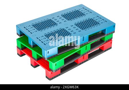 Pile de palettes en plastique. Rendu 3D isolé sur fond blanc Banque D'Images