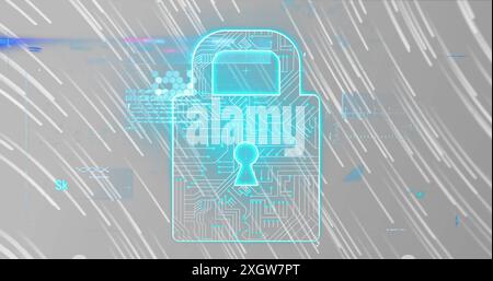 Image du traitement des données sur l'icône de cadenas de sécurité contre des traînées de lumière sur fond gris. Cybersécurité et concept de technologie d'entreprise Banque D'Images