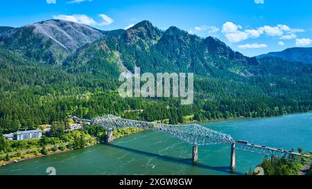 Vue aérienne du pont en acier au-dessus de la rivière dans la vallée luxuriante des montagnes Banque D'Images