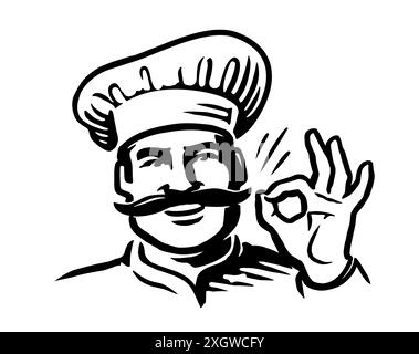 Chef du restaurant montrant le signe OK. Cuisinier français avec emblème moustache. Illustration vectorielle en noir et blanc dessinée à la main Illustration de Vecteur