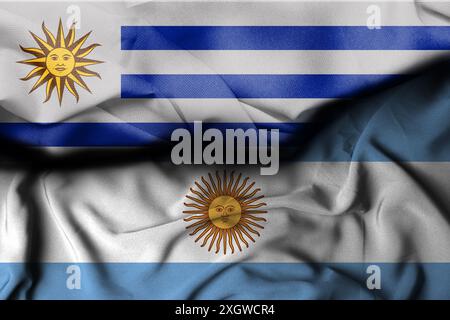 l'illustration du drapeau de l'uruguay combine le drapeau de l'argentine, le fond de décoration ondulant de texture satinée. illustration 3d. Banque D'Images