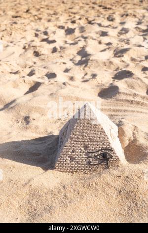 Une petite réplique en pierre d'une pyramide est cachée dans la plage de sable, créant un paysage pittoresque et symbolique Banque D'Images