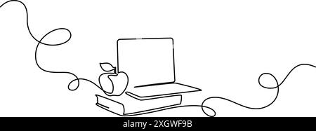 Livres avec cahier et pomme sur. Cadre ondulé Illustration de Vecteur