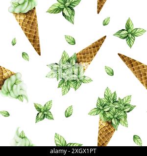 Modèle sans couture avec cône de gaufre pour la crème glacée pleine de feuilles de menthe. Peinture à la main illustration d'aquarelle douce isolée sur fond. Pour les concepteurs Banque D'Images