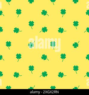 Motif sans couture de trèfles verts à quatre feuilles chanceux, texture de fond jaune et vert Illustration de Vecteur