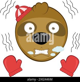 illustration vectorielle visage ours paresseux personnage animal dessin animé, frissonnant froid, portant des gants et un chapeau d'hiver, avec de la vapeur de souffle dans sa bouche Illustration de Vecteur