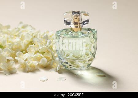 Bouteille de parfum aromatique et fleurs de jasmin sur fond beige, gros plan Banque D'Images