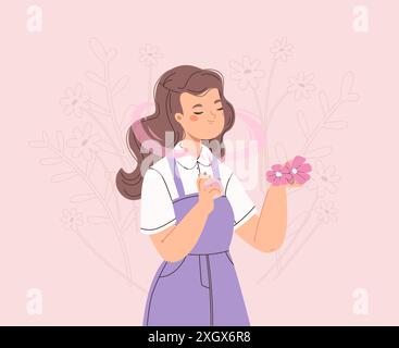 Fille testant un nouvel arôme. Jeune femme avec bouteille de parfum et fleurs. Femelle comme parfum, odeur de printemps pour femme. Concept de vecteur de cosmétiques de beauté Illustration de Vecteur