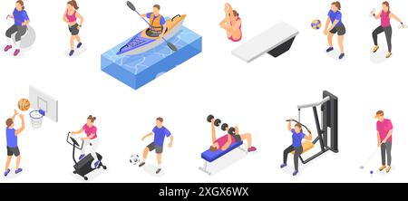 Formation isométrique des personnes. Les athlètes olympiques s'entraînent, les sportifs jouent au football, au basket-ball et au volley-ball. Jeu de vecteurs impeccable de personnages de sport de gym Illustration de Vecteur