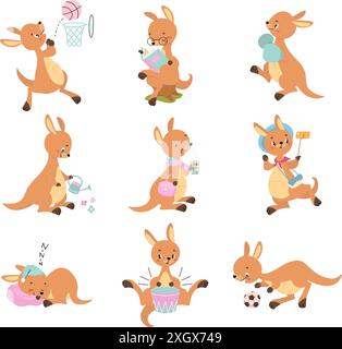 Kangourou de dessin animé. Activités de kangourou mignonnes, lecture jouer à la boxe et jardinage. Animal australien sauvage dormant et buvant du café, vecteur de nos jours Illustration de Vecteur