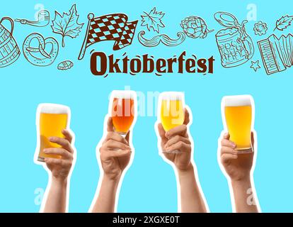 Carte avec le mot OKTOBERFEST et mains tenant des verres de bière Banque D'Images