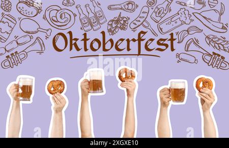 Carte avec le mot OKTOBERFEST et mains tenant de la bière et des bretzels Banque D'Images