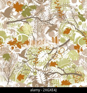 Fond abstrait sans couture d'automne avec des feuilles et des oiseaux. dessin à la main. Pas vecteur IA Illustration de Vecteur