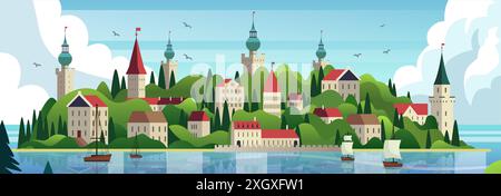 Paysage de ville de château avec des voiliers imposants châteaux et des bâtiments sur des collines verdoyantes au bord de l'eau avec des nuages de voiliers et des oiseaux dans le ciel Illustration de Vecteur