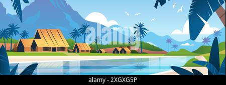 Plage tropicale village cabanes palmiers montagnes lagon serein nuages oiseaux paysage bannière Illustration de Vecteur