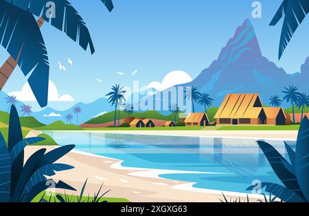 Plage tropicale cabanes palmiers montagne paysage côtier serein avec ciel bleu et voyage d'eau destination de fond éléments de conception de tourisme Illustration de Vecteur