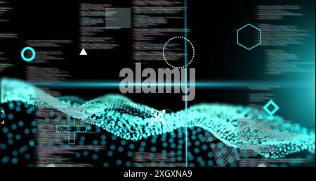 Image des faisceaux bleus du scanner, des formes en rotation et des ondes réseau sur le traitement des données sur noir Banque D'Images