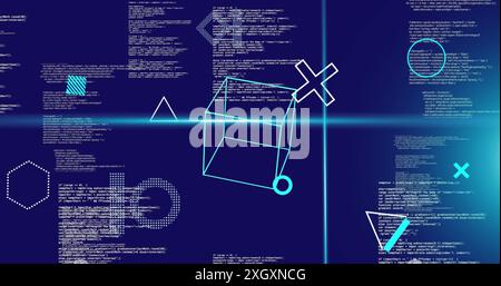 Image de formes en rotation et faisceaux de scanner bleus sur le traitement des données sur fond bleu Banque D'Images