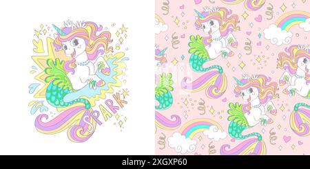 Jolie sirène licorne de dessin animé avec un arc-en-ciel. Caractère isolé et arrière-plan. Illustration vectorielle. Carte et motif sans couture. Pour vêtements, tissus, Illustration de Vecteur
