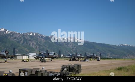 A-10 Thunderbolt IIS de la 124e escadre de chasse de la Garde nationale aérienne de l’Idaho est assis sur la ligne de vol à la base aérienne de Hill, Utah, le 11 juin 2024. Les avions étaient en Utah pour soutenir un exercice de programme d'évaluation de systèmes d'armes. (Photo de la Garde nationale aérienne des États-Unis par le Sgt-maître principal Joshua C. Allmaras) Banque D'Images