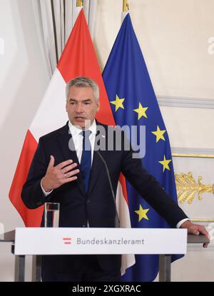 Vienne, Autriche. 10 juillet 2024. Le chancelier autrichien Karl Nehammer prend la parole lors d'une conférence de presse conjointe à Vienne, Autriche, le 10 juillet 2024. Le premier ministre indien Narendra Modi a effectué une visite d'État en Autriche et a rencontré mercredi le chancelier autrichien Karl Nehammer. POUR ALLER AVEC : 'le premier ministre indien visite l'Autriche' crédit : HE Canling/Xinhua/Alamy Live News Banque D'Images