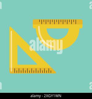 Placez les règles jaunes à plat. Règle triangulaire et rapporteur. Illustration vectorielle. Illustration de Vecteur
