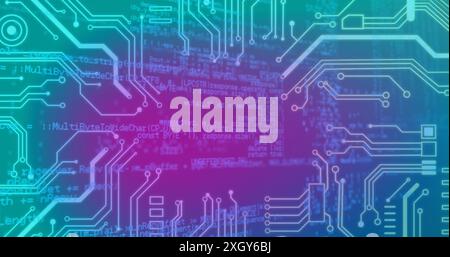 Composite d'un fond dégradé bleu et violet avec une carte de circuit imprimé du microprocesseur au premier plan. Technologie et identité et peut être utilisé fo Banque D'Images