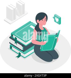 Bibliophile, groupe diversifié de personnages de dessins animés lisant des livres, illustration vectorielle sur un fond clair, représentant le concept de l'éducation et l Illustration de Vecteur