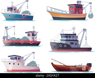 Bateaux de pêche. Bateaux de pêcheurs marins de production de fruits de mer industriels dans le modèle de vecteur exact de style de bande dessinée Illustration de Vecteur