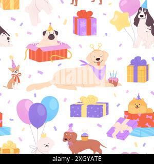 Party Dogs sans couture. Motif imprimé de tissu de célébration d'anniversaire, carlin dans une boîte cadeau. Personnages de chiots positifs, animaux célébrant, vecteur racé Illustration de Vecteur