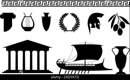 Éléments de style grec et symboles silhouettes noires. Casque colonne d'ornement traditionnel et vases antiques. Branche d'olives de Grèce, ensemble de vecteurs d'icônes Illustration de Vecteur