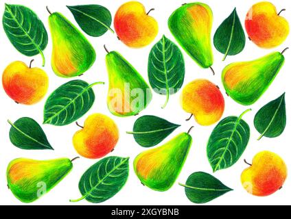 Ensemble de poires et pommes de différentes tailles. Différents types de feuilles. Dessin avec des crayons de couleur. Différentes nuances de couleurs orange, jaune, vert. Banque D'Images