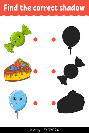 Trouvez l'ombre correcte.Feuille de travail de développement de l'éducation.Jeu assorti pour enfants.Page d'activité couleur.Thème anniversaire.Joli personnage.Vecteur illustrat Illustration de Vecteur