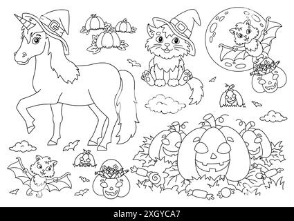 Licorne dans un chapeau, chat, chauve-souris, citrouille.Thème Halloween.Page de livre de coloriage pour les enfants.Style de dessin animé.Illustration vectorielle isolée sur fond blanc. Illustration de Vecteur