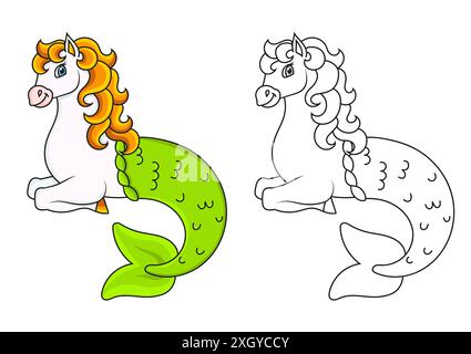 Cheval sirène mignon. Page de livre de coloriage pour les enfants. Style dessin animé. Illustration vectorielle isolée sur fond blanc. Illustration de Vecteur