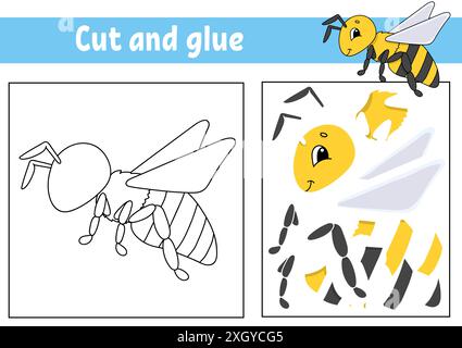 Couper et coller. Jeu de puzzle pour les enfants. Pièces de scie sauteuse. Feuille de calcul des couleurs. Page activité. Illustration vectorielle isolée. Style dessin animé. Illustration de Vecteur