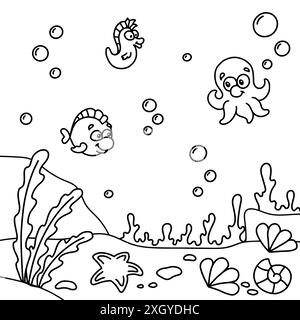 Monde sous-marin. Page de livre de coloriage pour les enfants. Style dessin animé. Illustration vectorielle isolée sur fond blanc. Illustration de Vecteur