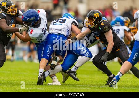 Matteo Acquardo (63, OL, Allgaeu Comets) und Dominik Hoerner (13, WR, Allgaeu Comets) blocken fuer Maximilian Barmettler (33, RB, Allgaeu Comets) gegen Zac John Conney-Quinn (5, RB, Munich Cowboys) und Godwin Badom (99, DL, Munich Cowboys) GER, Munich Cowboys vs Allgaeu Comets, Football américain, saison 2024, semaine 4 Nachholtermin, 07.07.2024, Foto : Eibner-Pressefoto/Florian Wolf Banque D'Images