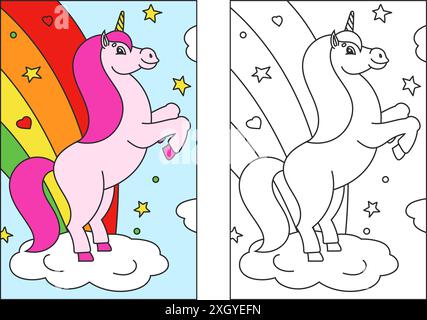 Livre de coloriage pour enfants. La licorne magique s'éleva. Le cheval animal se tient sur ses pattes arrière. Style dessin animé. Illustration vectorielle plate simple. Illustration de Vecteur