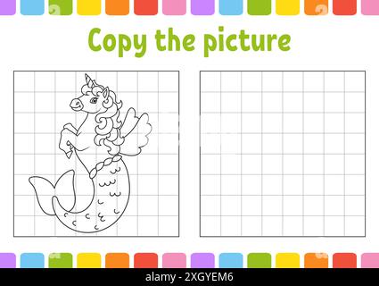 Copiez la photo. Licorne de sirène mignonne. Pages de livre de coloriage pour les enfants. Feuille de travail de développement de l'éducation. Jeu pour enfants. Pratique de l'écriture manuscrite. Drôle c Illustration de Vecteur