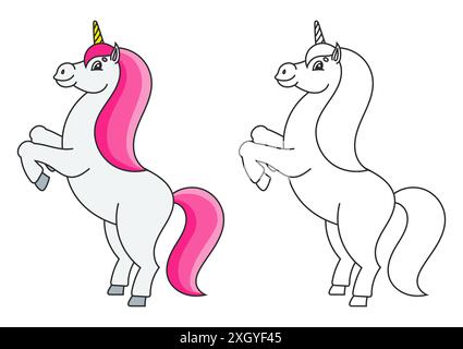 Livre de coloriage pour enfants. La licorne magique s'éleva. Le cheval animal se tient sur ses pattes arrière. Style dessin animé. Illustration vectorielle plate simple. Illustration de Vecteur