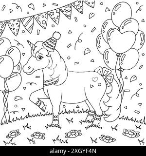 Une licorne amusante dans un chapeau de fête qui s'amuse lors d'une fête d'anniversaire.Mignon cheval.Page de livre de coloriage pour les enfants.Style de dessin animé.Illustration vectorielle isolée sur Illustration de Vecteur