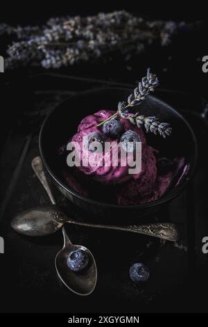 Crème glacée riche aux myrtilles dans un bol noir, ornée de myrtilles fraîches et de brins de lavande, sur un fond sombre. Banque D'Images