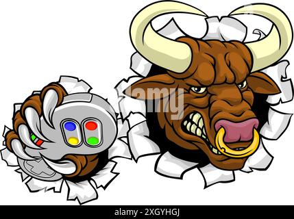 Bull Minotaur Longhorn Cow Gamer Mascot Cartoon Illustration de Vecteur