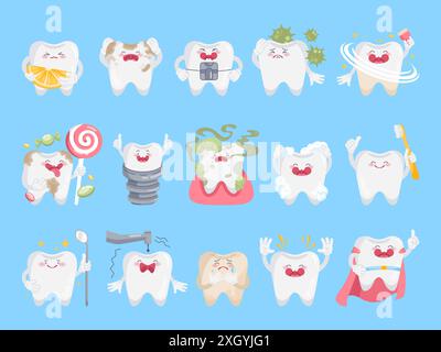 Personnages de dents de dessin animé. Mignon mascotte de dent face emoji, stomatologie enfant émoticône comique drôle dents dentelle brosse à dents joyeuses émotions, personnage dentaire habillé illustration vectorielle Illustration de Vecteur